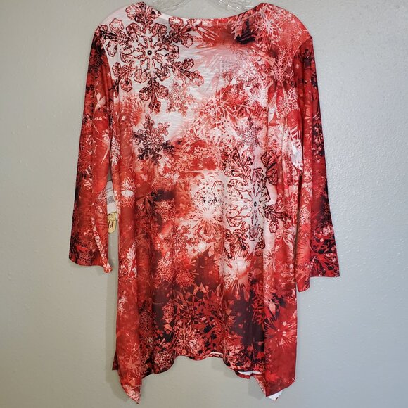 One World Snowflake Red & White NWT Embellishment V Neck Top Tunic XL - Picture 6 of 11